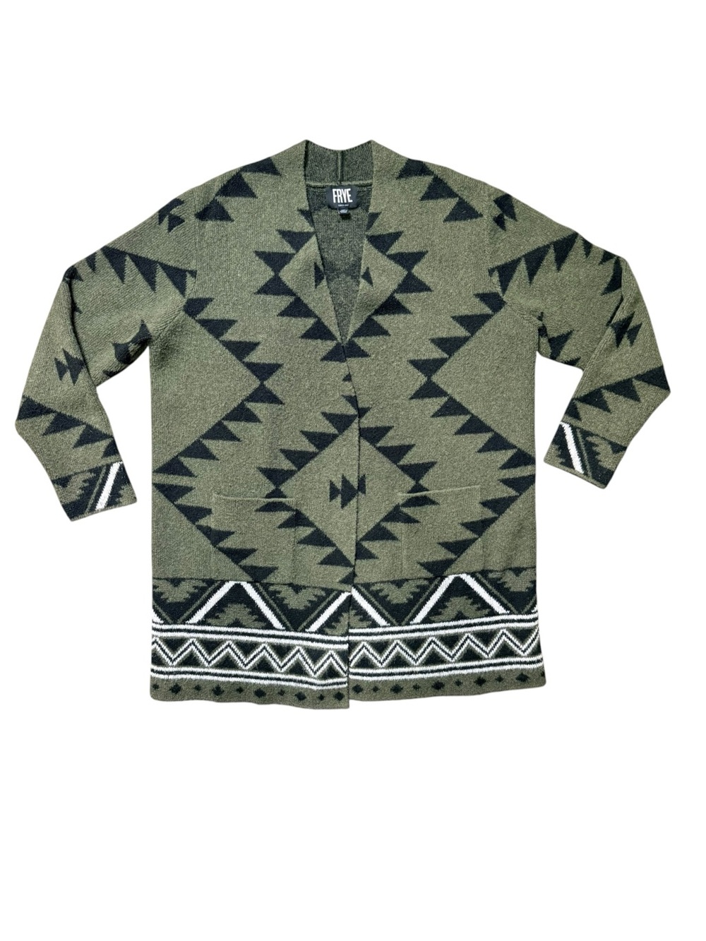 FRYE XL Southwestern Aztec Long Cardigan Sweater Olive Green Black - Picture 2 of 12